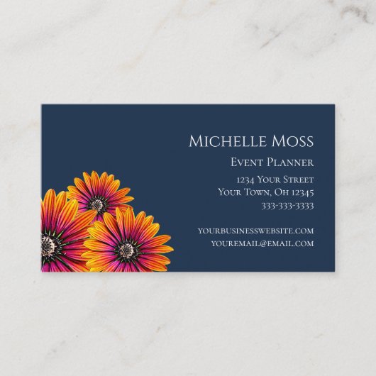 Boho Kleurrijke Daisies Botanische Marine Blauw Visitekaartje (Voorkant)