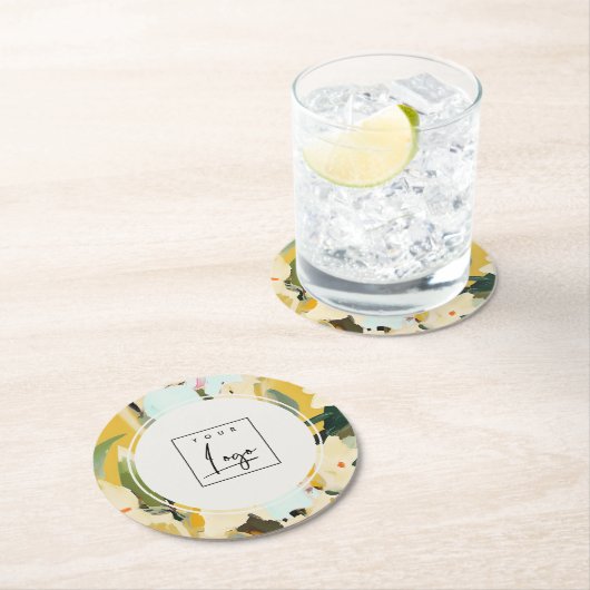 Boho Kleurrijke Gele Oker Geschilderde Bloemen Log Ronde Kartonnen Onderzetter (Insitu)