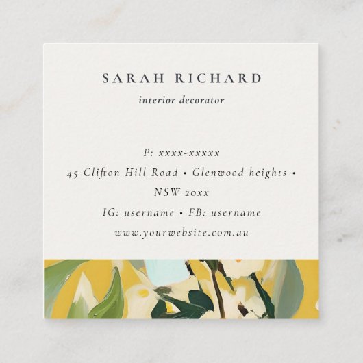 Boho Kleurrijke Gele Oker Geschilderde Bloemen Log Vierkante Visitekaartje (Achterkant)