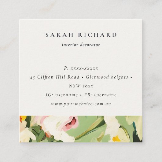 Boho Kleurrijke Groen Roze Geschilderde Bloemen Lo Vierkante Visitekaartje (Achterkant)