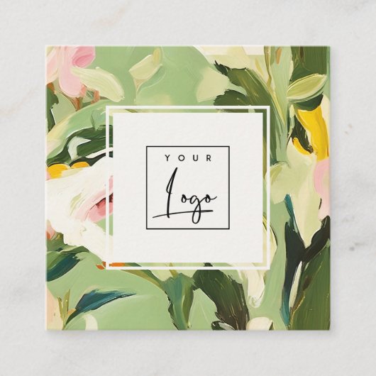Boho Kleurrijke Groen Roze Geschilderde Bloemen Lo Vierkante Visitekaartje (Voorkant)