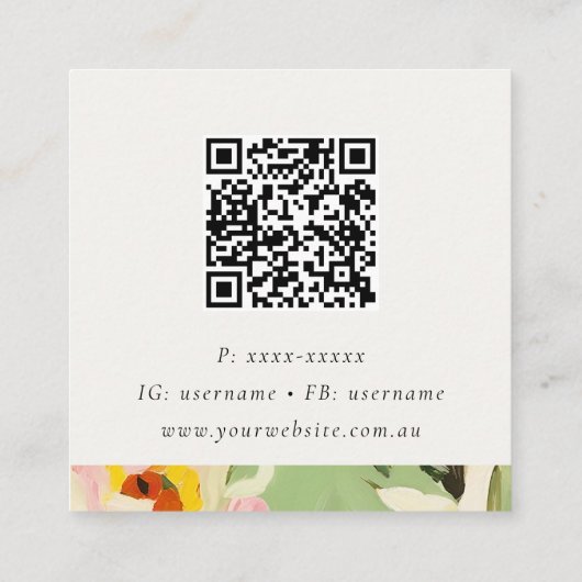 Boho Kleurrijke Groen Roze Geschilderde Bloemen QR Vierkante Visitekaartje (Achterkant)
