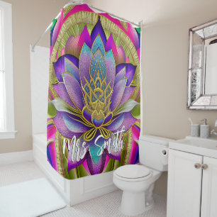 Boho Kleurrijke Lotus met Gouden en Zilveren Glitt Douchegordijn