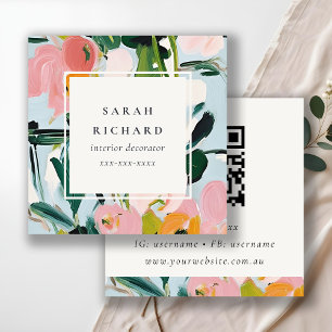 Boho Kleurrijke Roze Blauw Geschilderde Bloemen QR Vierkante Visitekaartje