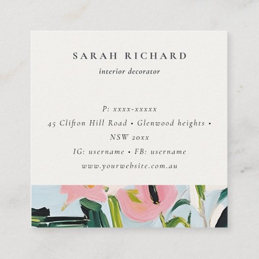 Boho Kleurrijke Roze Blauw Groen Geschilderde Bloe Vierkante Visitekaartje (Achterkant)