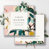 Boho Kleurrijke Roze Blauwgroen Geschilderde Bloem Vierkante Visitekaartje