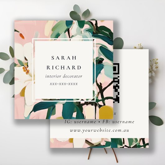 Boho Kleurrijke Roze Blauwgroen Geschilderde Bloem Vierkante Visitekaartje
