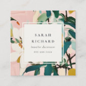 Boho Kleurrijke Roze Blauwgroen Geschilderde Bloem Vierkante Visitekaartje (Voorkant)