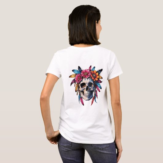 Boho kleurrijke schedel met bloemen en bloemen t-shirt (Achterkant volledig)