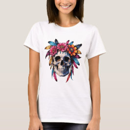 Boho kleurrijke schedel met bloemen en bloemen t-shirt