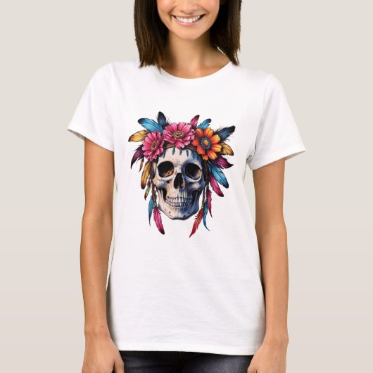 Boho kleurrijke schedel met bloemen en bloemen t-shirt (Voorkant)