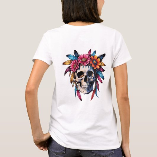 Boho kleurrijke schedel met bloemen en bloemen t-shirt (Achterkant)