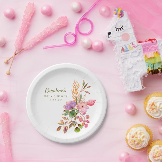 Boho Kleurrijke Waterverf Bloemen Baby shower Cust Papieren Bordje (Feest)