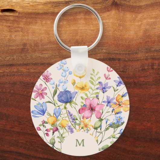 Boho Kleurrijke Wildbloemen met Monogram Sleutelhanger (Voorkant)