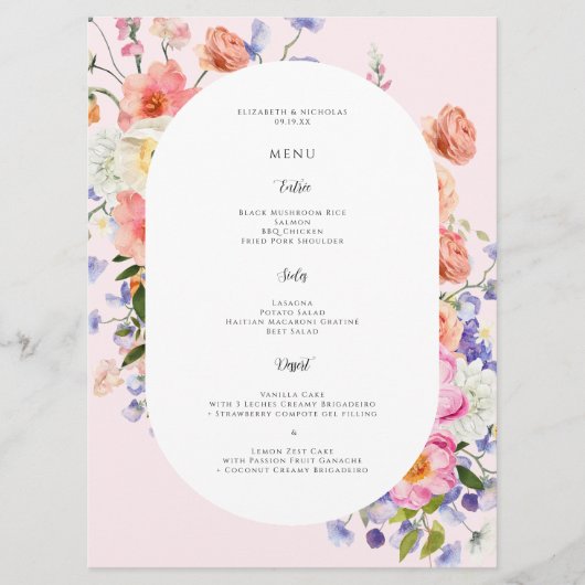 Boho Kleurrijke Wildflower Bruiloft Menu (Voorkant)