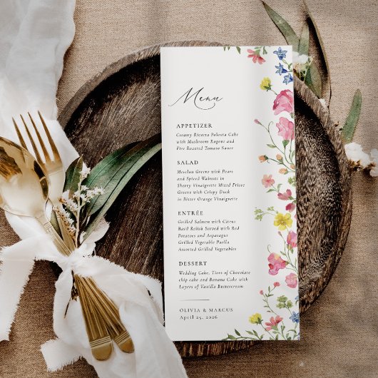 Boho Kleurrijke Wildflower Sprookje Elegante bruil Menu
