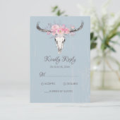 Boho Koe schedel bloemenblush roze Waterverf blauw RSVP Kaartje (Staand voorkant)
