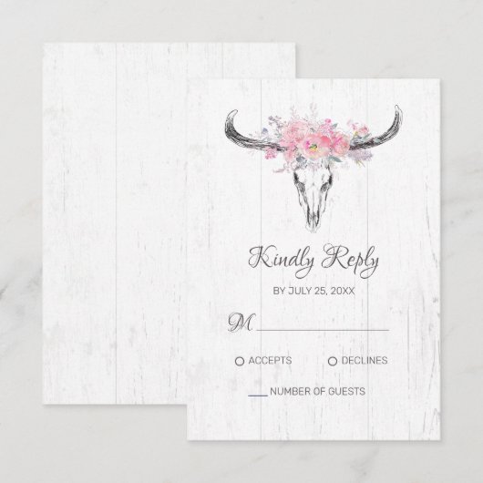 Boho Koe schedel bloemenblush roze Waterverf Roos RSVP Kaartje (Voorkant / Achterkant)