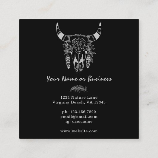 Boho Koe Skull Black en White Bohemian Vierkante Visitekaartje (Achterkant)