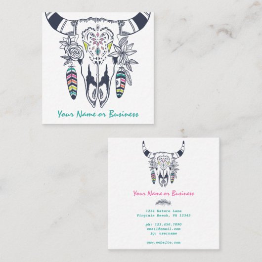 Boho Koe Skull met Turquoise Bohemian Vierkante Visitekaartje (Voorkant / Achterkant)