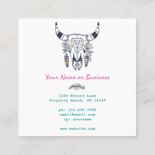 Boho Koe Skull met Turquoise Bohemian Vierkante Visitekaartje (Achterkant)