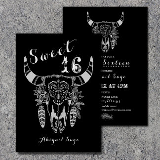 Boho Koe Skull Zwart en Wit Sweet 16 Verjaardag Kaart