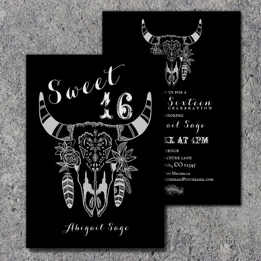 Boho Koe Skull Zwart en Wit Sweet 16 Verjaardag Kaart