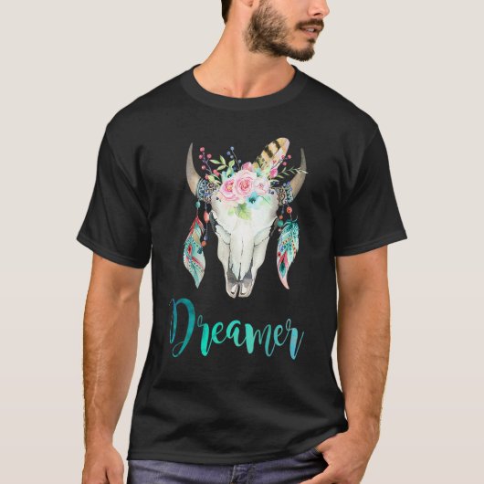 Boho Koeien schedel Bloem en Veer T-shirt (Voorkant)