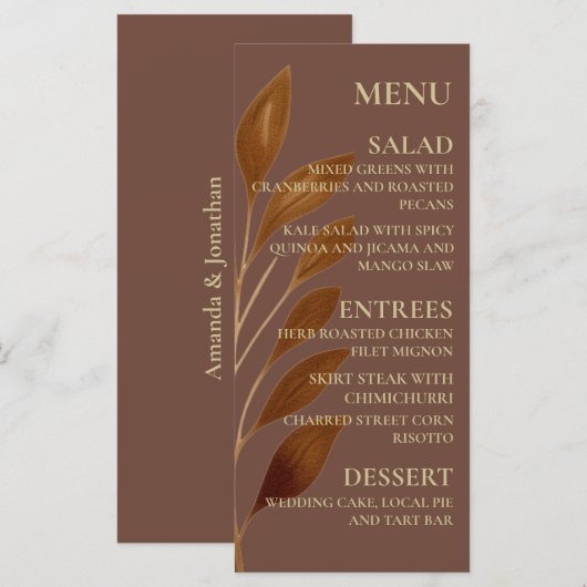 Boho Koffie Bruin en Goud Blad | Moderne bruiloft Menu (Voorkant / Achterkant)