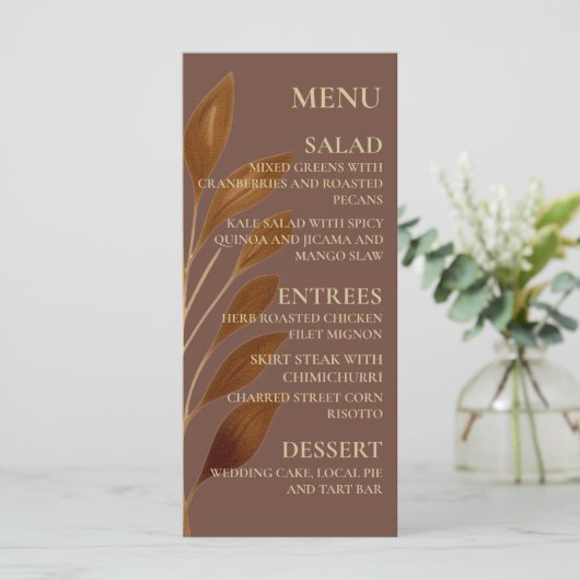 Boho Koffie Bruin en Goud Blad | Moderne bruiloft Menu (Staand voorkant)