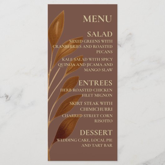 Boho Koffie Bruin en Goud Blad | Moderne bruiloft Menu (Voorkant)