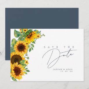 Boho koningsblauw weelde zonnebloem bruiloft save the date