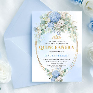 Boho Koningsblauwe Hortensia's Eucalyptus Quinceañ Kaart