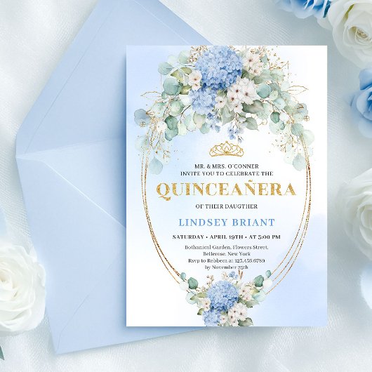 Boho Koningsblauwe Hortensia's Eucalyptus Quinceañ Kaart