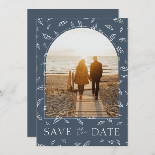 Boho Koninklijk Blauwe Weelderige Bladeren Foto Br Save The Date (Voorkant / Achterkant)