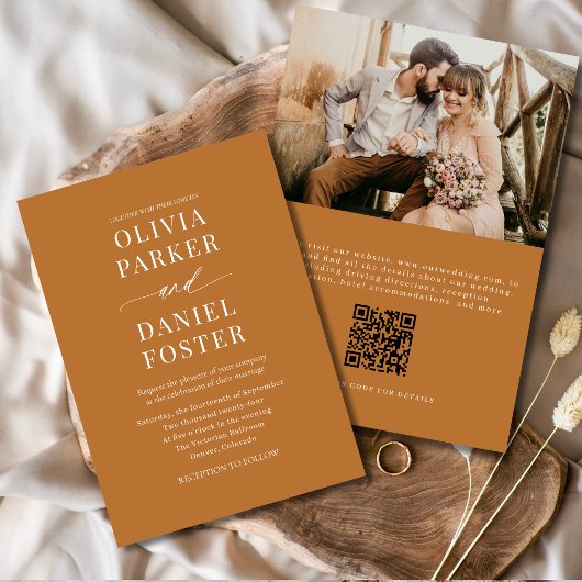 Boho Koper Bronzen QR Code Elegante Foto Bruiloft Kaart