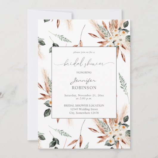 Boho Koper Pampas & Beige Bloemige Bruiloftsfeest Kaart (Voorkant)