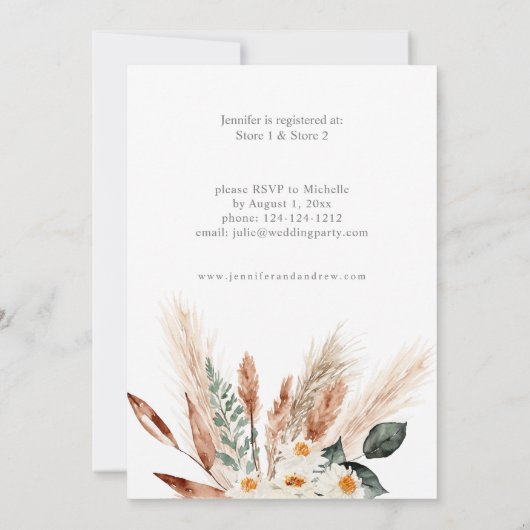 Boho Koper Pampas & Beige Bloemige Bruiloftsfeest Kaart (Achterkant)