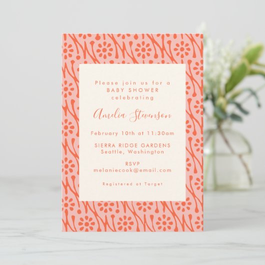Boho Koraal Oranje Botanische Bloemen Baby Shower Kaart (Staand voorkant)