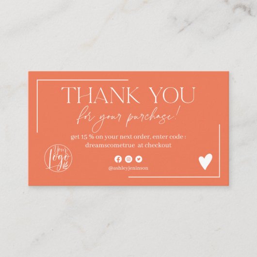 Boho koraal sinaasappel script bestelling dank u visitekaartje (Voorkant)