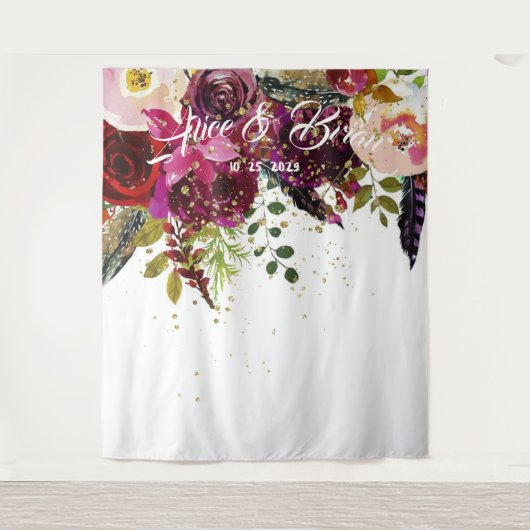Boho Krachtig Robijnrood Bloemstuk Bruiloft Achter Wandkleed (Voorkant)