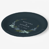 Boho krans op donkerblauw bruiloft ontwerp papieren bordje (Gekanteld)