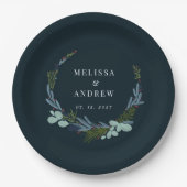 Boho krans op donkerblauw bruiloft ontwerp papieren bordje (Voorkant)