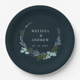 Boho krans op donkerblauw bruiloft ontwerp papieren bordje