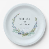 Boho krans op lichtblauw bruiloft ontwerp papieren bordje (Voorkant)