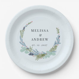 Boho krans op lichtblauw bruiloft ontwerp papieren bordje