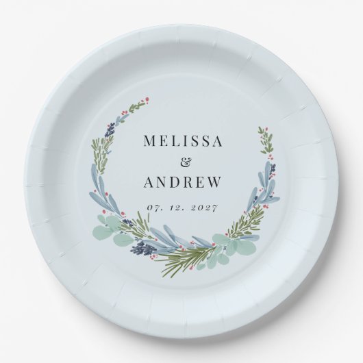 Boho krans op lichtblauw bruiloft ontwerp papieren bordje (Voorkant)