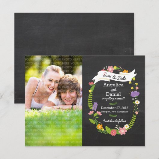 Boho Krans op schoolbord Foto Bewaar de datum Aankondigingskaart (Voorkant / Achterkant)