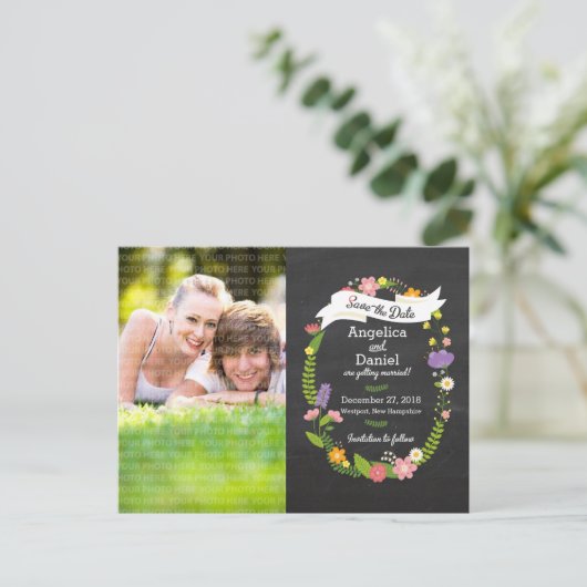 Boho Krans op schoolbord Foto Bewaar de datum Aankondigingskaart (Staand voorkant)