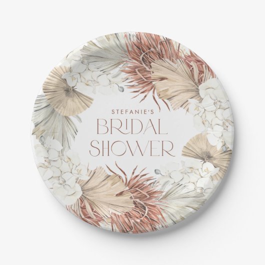 Boho Krans Palmbladeren en Orchideeën Bruidsdouche Papieren Bordje (Voorkant)